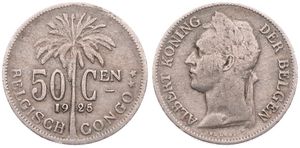 Belgian Congo, Colony, Albert I, 50 Centimes Copper-Nickel 1925/24, Laureate head of the King left, KM 23 Flemish Legend, SCARCE OVERSTRIKE, A.VF